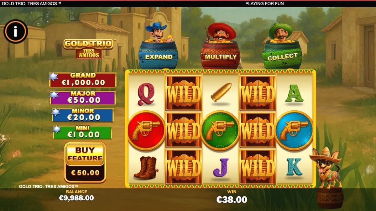 Tampilan visual slot Gold Trio: Tres Amigos dengan tema fiesta Meksiko yang meriah