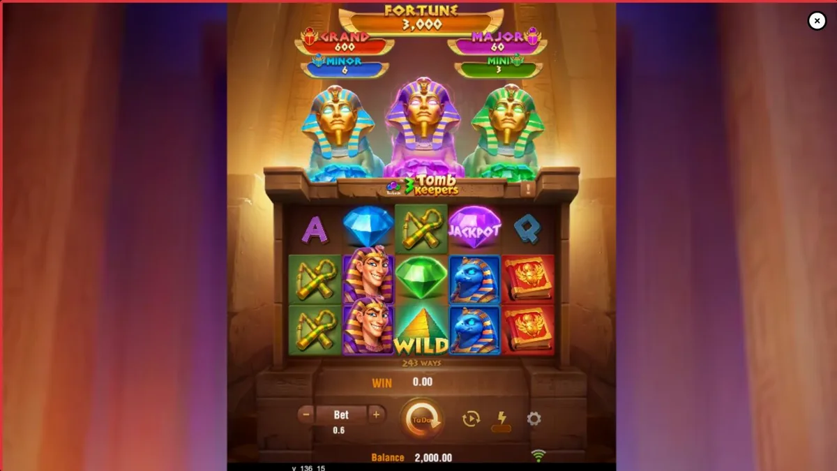 Tampilan visual slot 3 Tomb Keepers dengan latar belakang makam Mesir kuno dan patung Firaun.